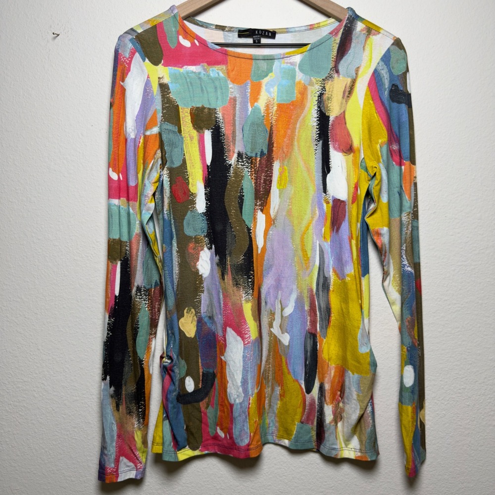 Kozan Women Top Small Multicolor Abstract Art To Wear Ruched Side Long Sleeve